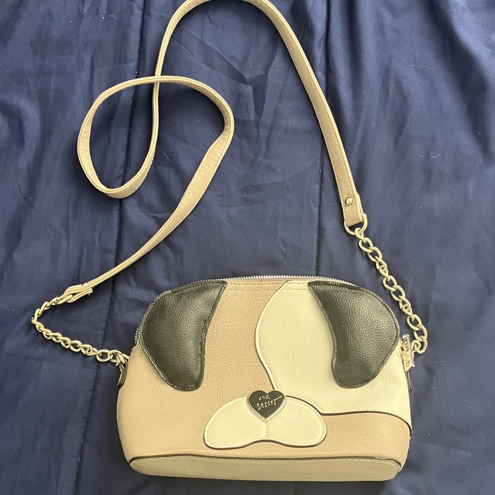 Betsey Johnson Tan and Black Puppy Dog 3D Details Crossbody Bag